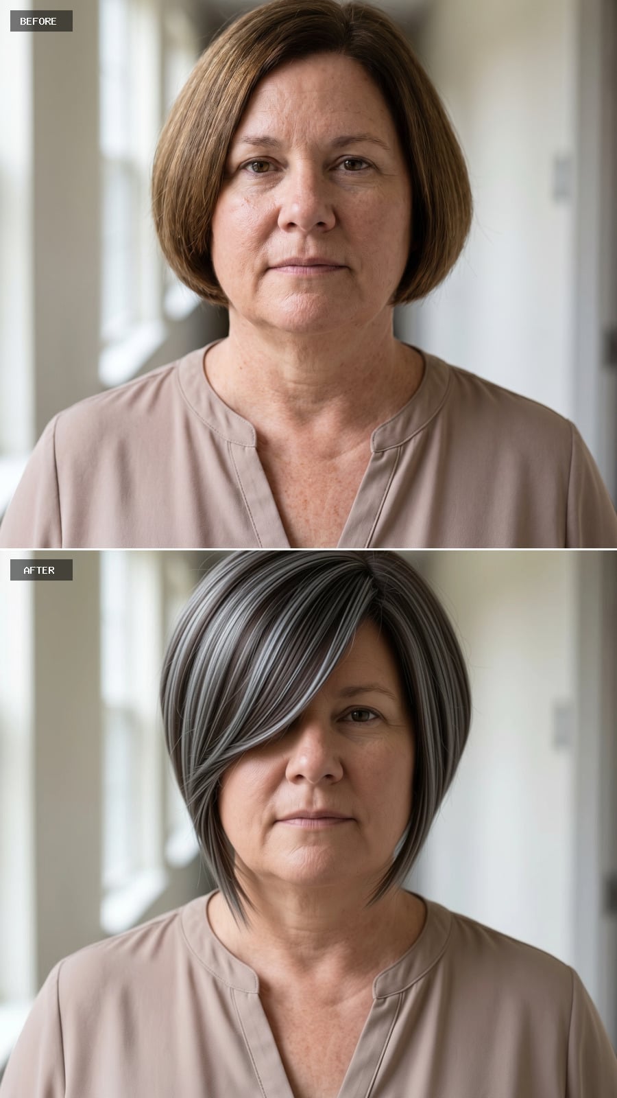 Gray-Streaked Bob With a Side Sweep That Actually Changes the Geometry