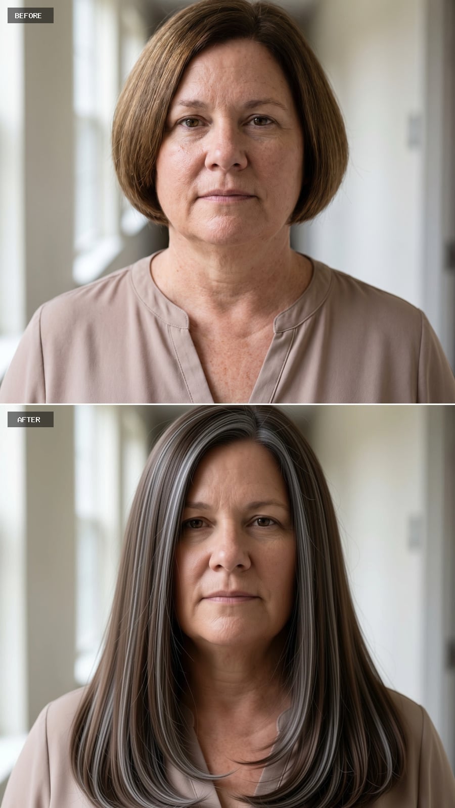 Long, Straight, and Salt-Streaked: How Gray Highlights Reframe a Round Face