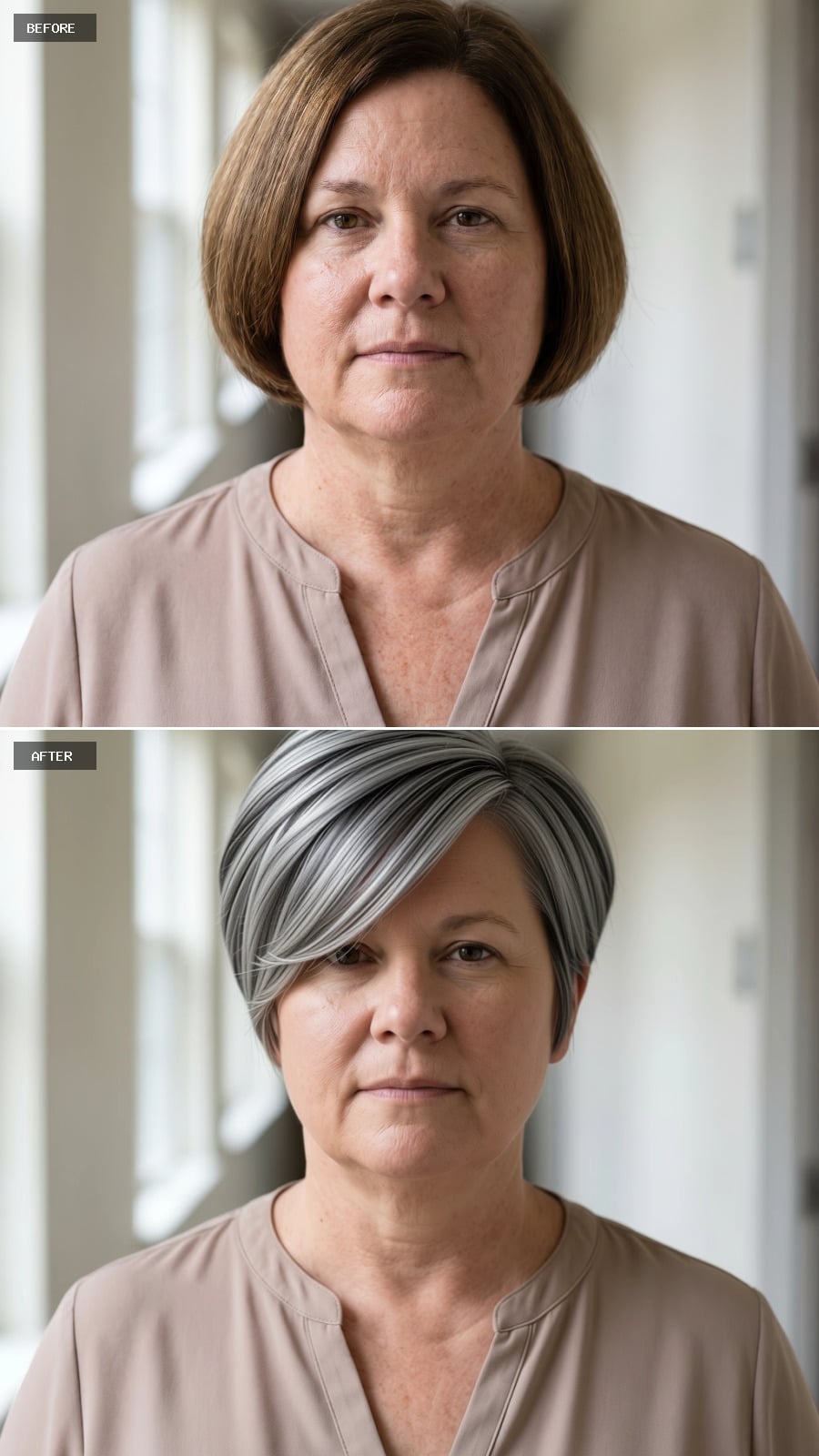 Silver and Slate Swept Sideways: How One Cut Redraws a Round Face