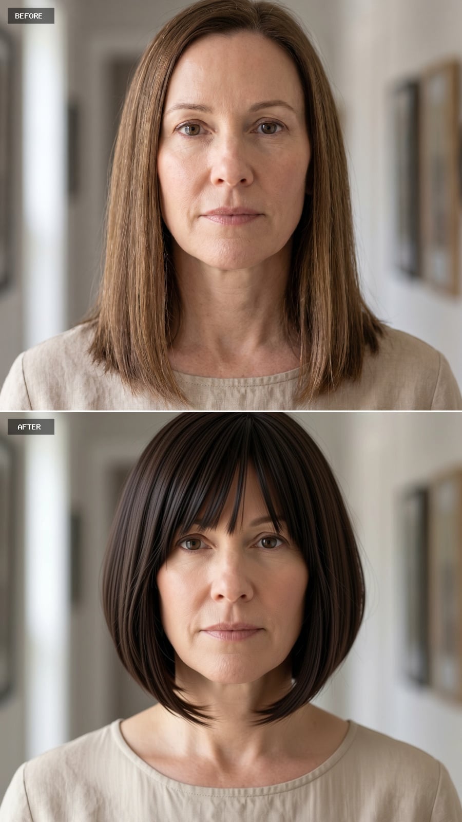Bob With Blunt Bangs, Cut Dark, and Suddenly That Face Has a New Center