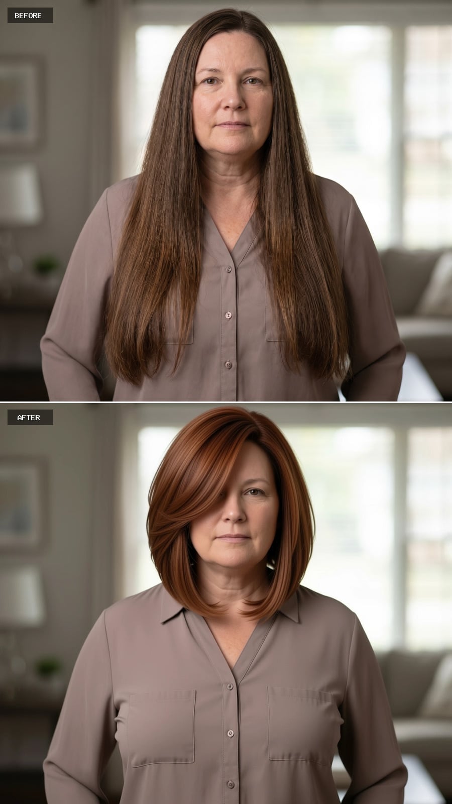 Auburn Bob With Side-Swept Bangs That Actually Slims a Fuller Face