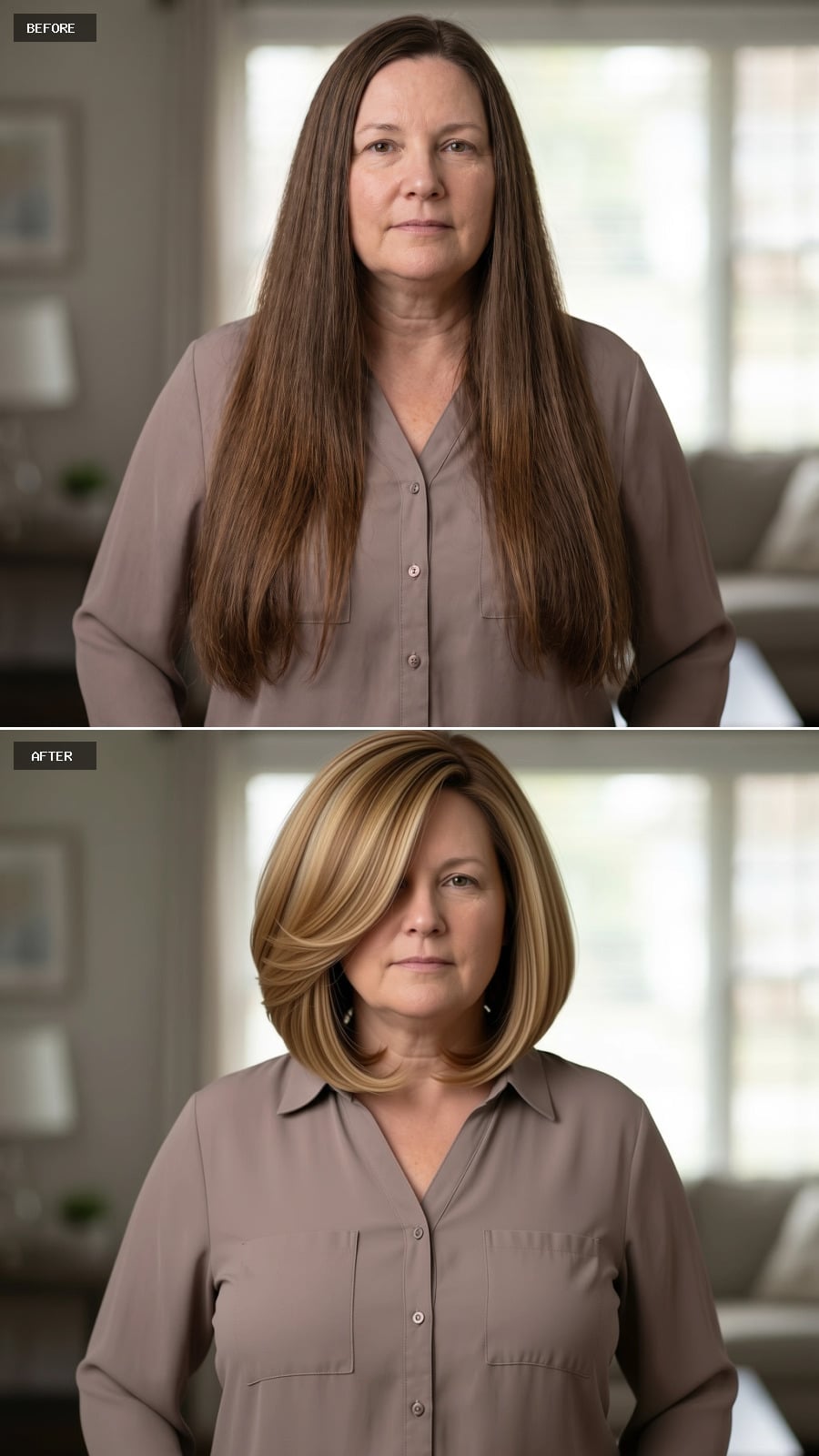 Blonde and Highlighted, Cut Short — and Her Face Reads Narrower for It
