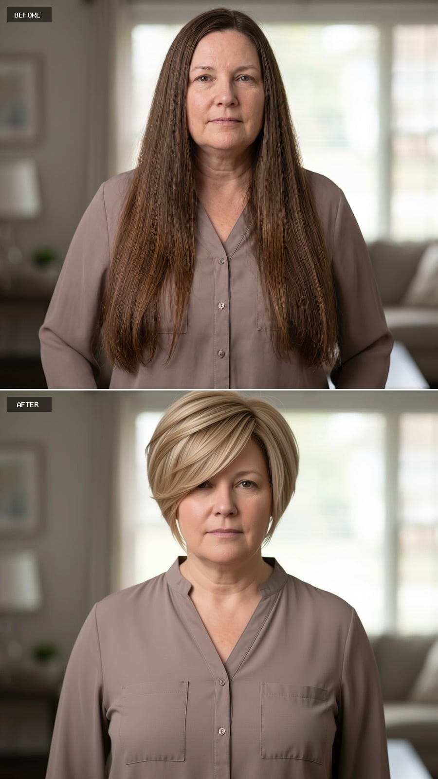 Blonde Bob Cut Short Enough to Show Her Neck, Swept Far Enough to Narrow Her Face