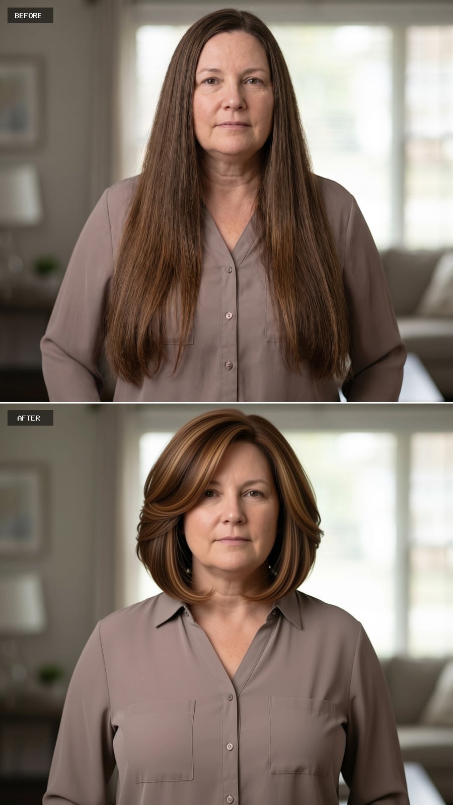 Brown Bob With Caramel Highlights That Pulls Width Away From the Center of Her Face