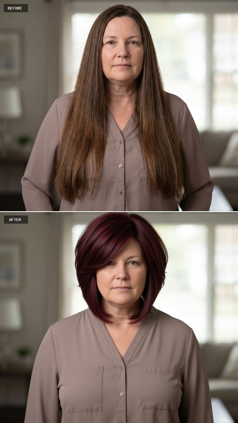 Burgundy Bob Cut to the Jaw, Swept at the Crown, and Her Face Got Angles It Didn't Have Before