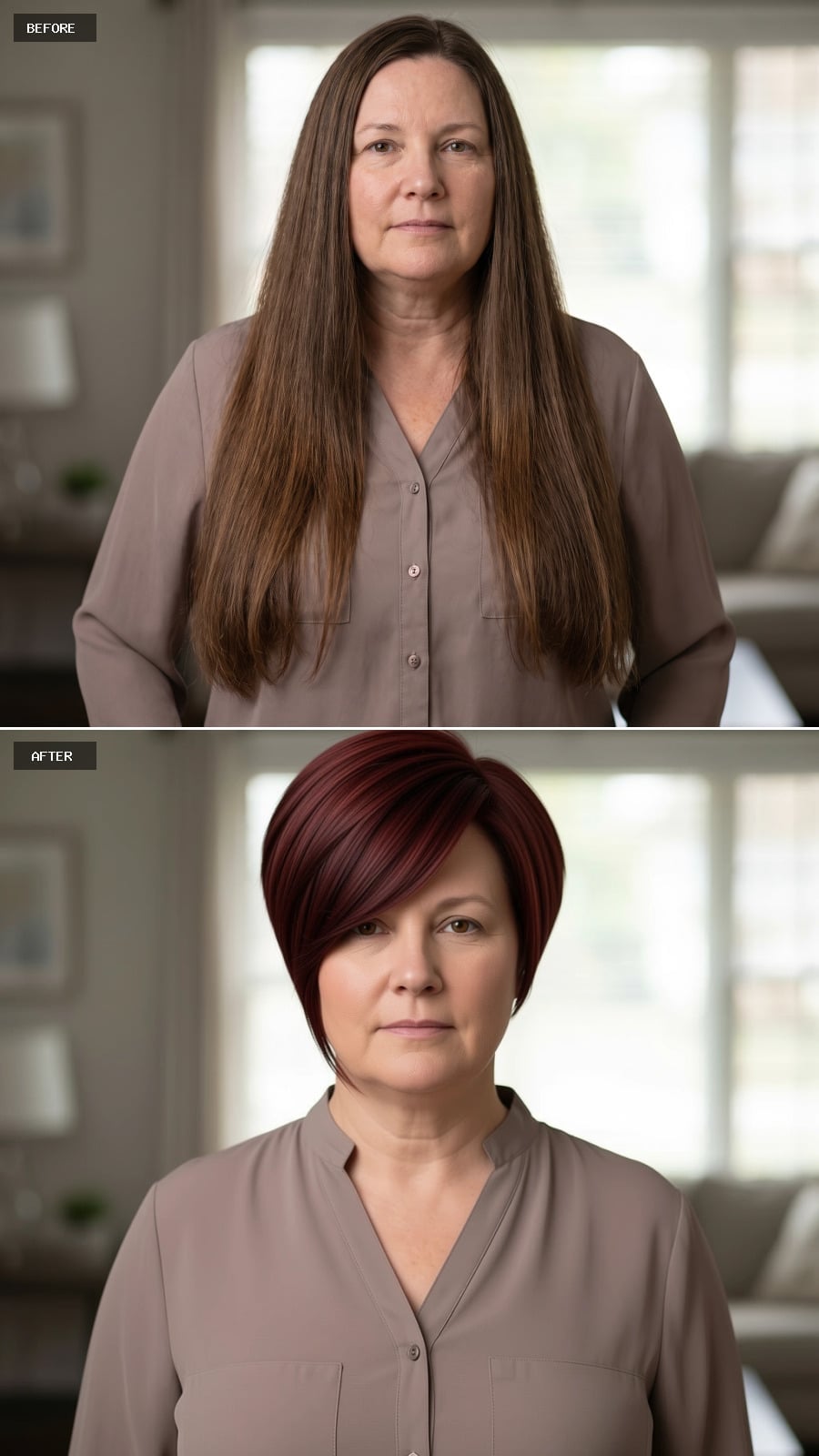 Burgundy Bob, Side Sweep, and Why Her Face Reads Sharper Than It Did at 40