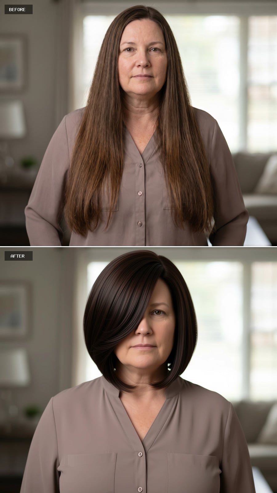 Dark Bob With Side-Swept Volume That Draws the Eye Up, Not Out