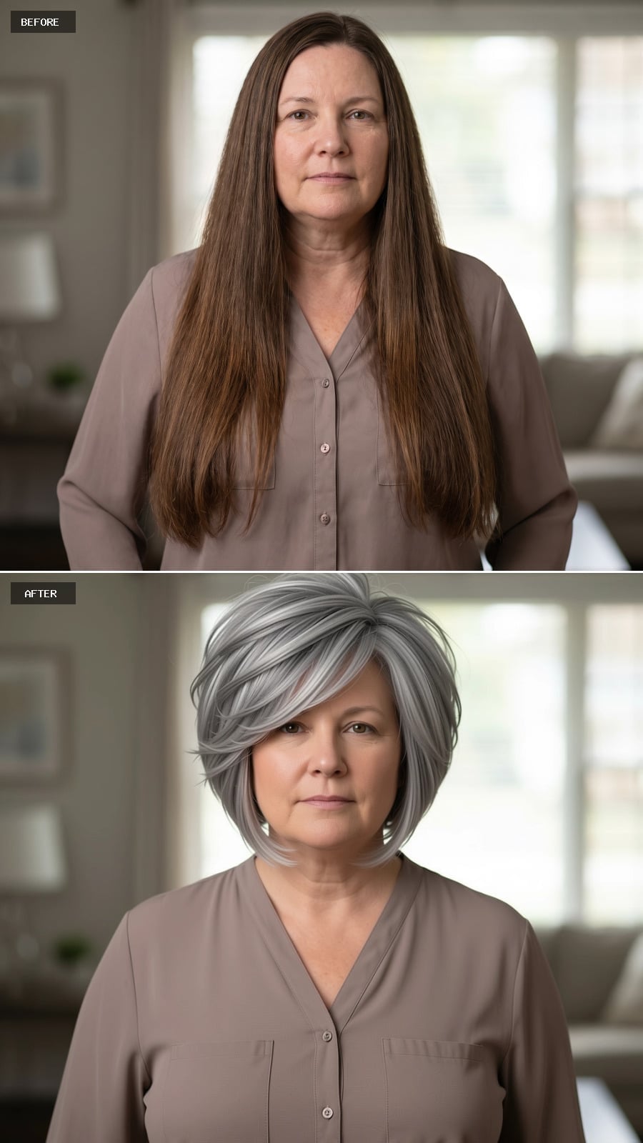 Gray Bob With Swept Volume That Keeps a Fuller Face From Going Round