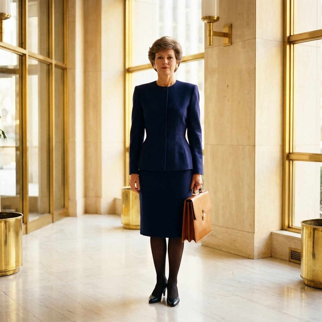 Skirt Suits Combined Shoulder Pads, a Fitted Waist, and Dark Hosiery