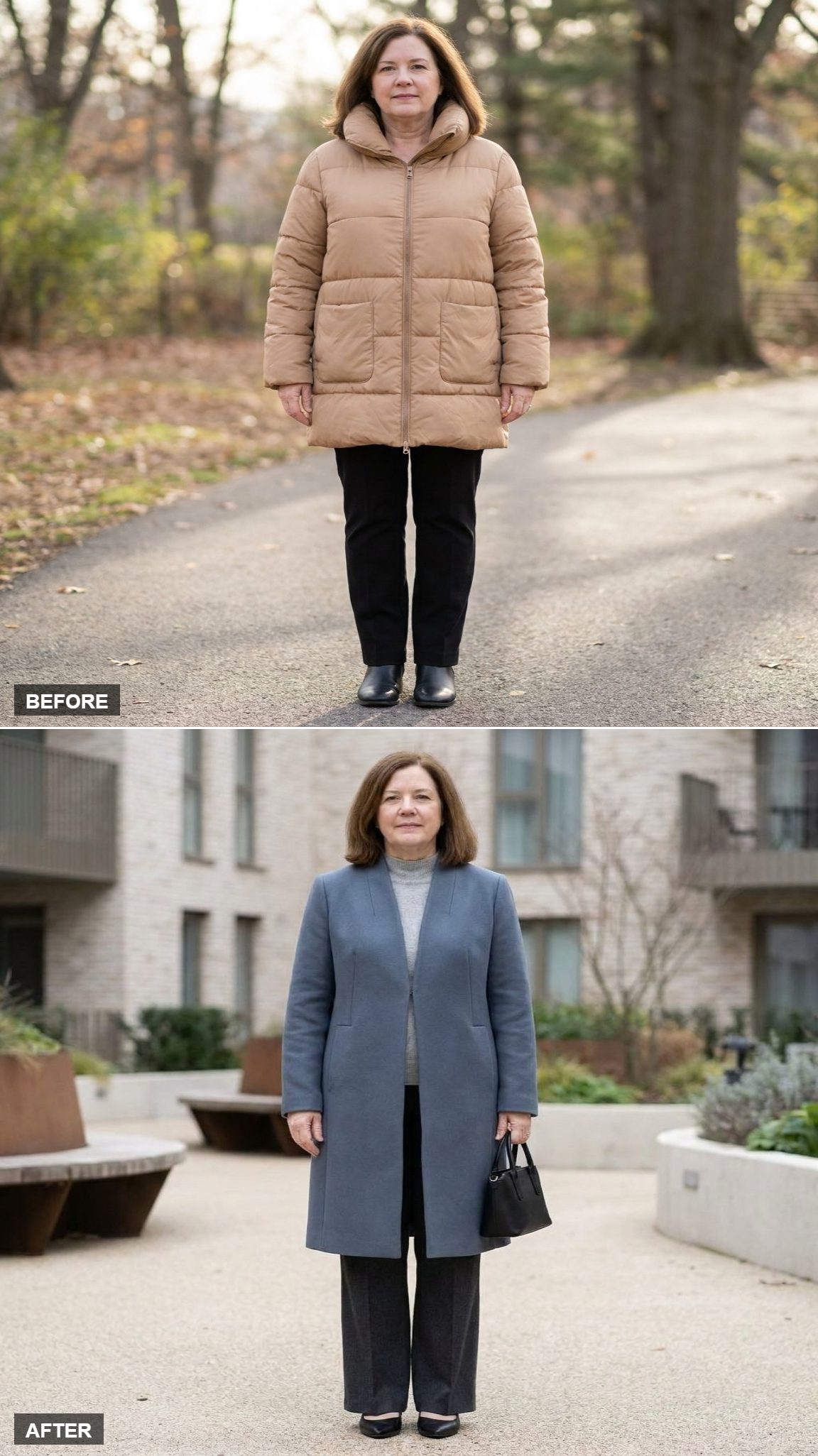 The Slate-Blue Collarless Coat That Turns a Vertical Line Into a Full-Length Statement