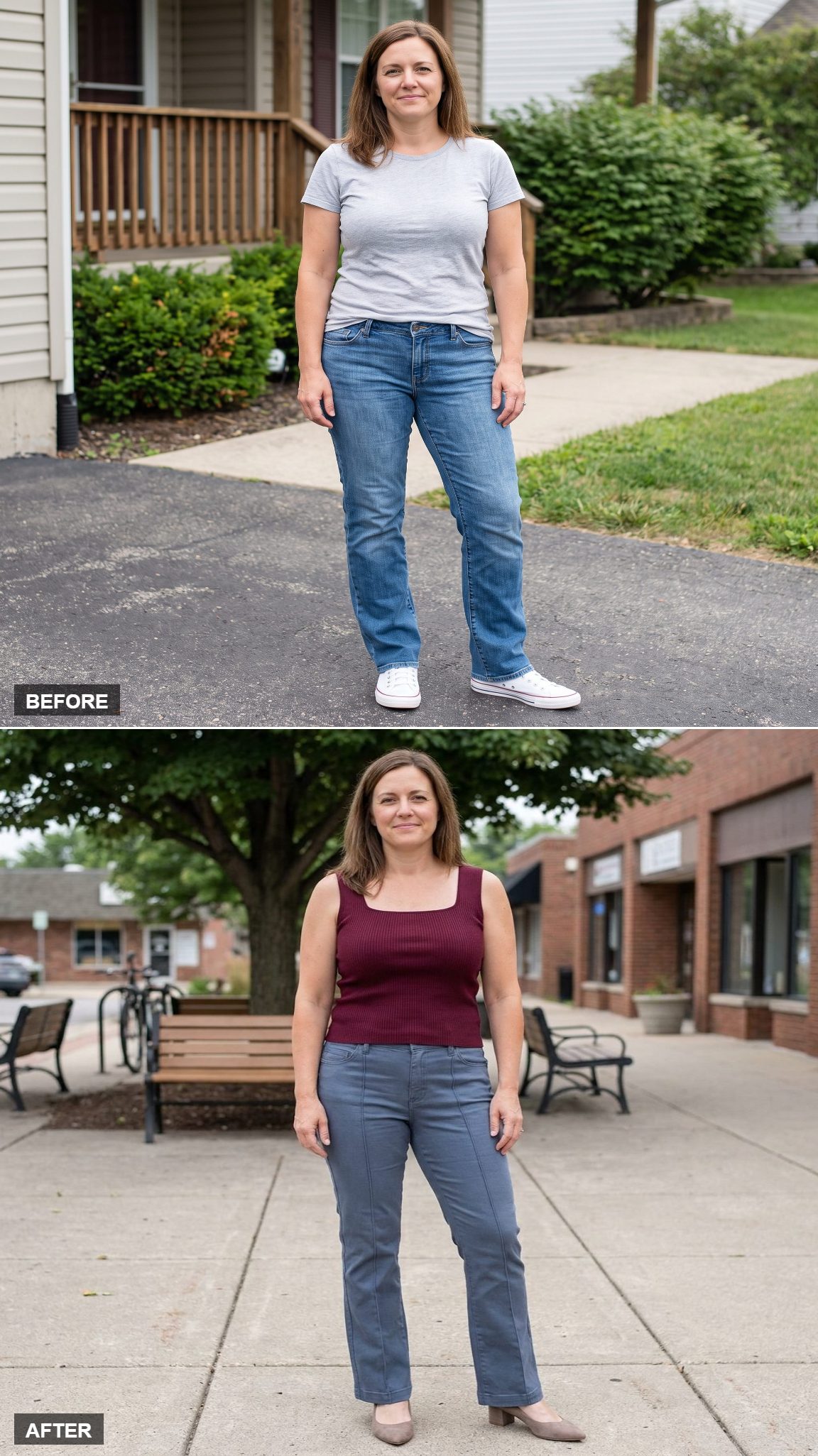 Slate-Blue Pintuck Demi-Flare Jeans, Wine-Red Square-Neck Ribbed Knit, and Taupe Block Heels in a Neighborhood Plaza