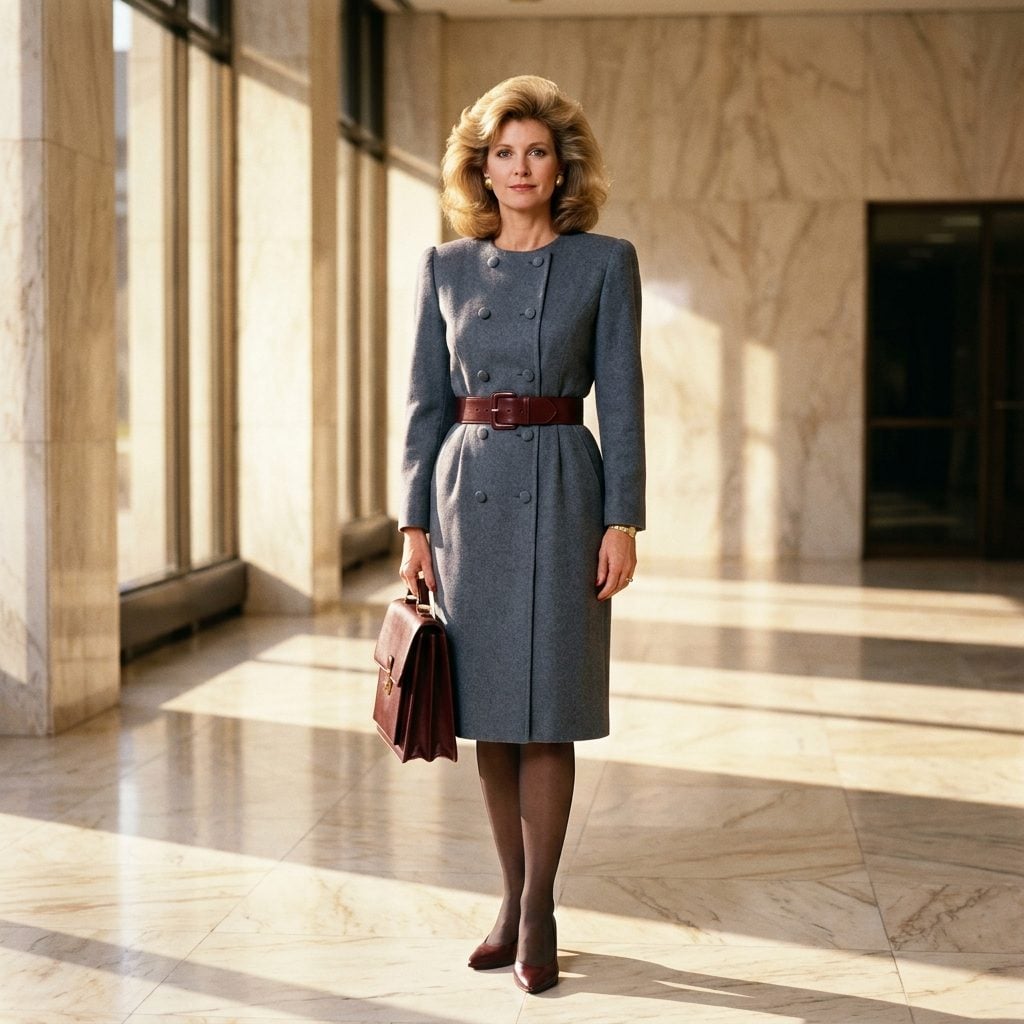 Slate-Gray Wool Coatdress With a Wide Leather Belt