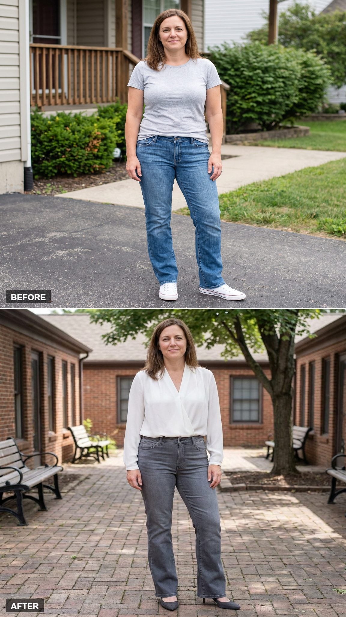 Smoky-Gray Full Flare Jeans, Ivory Draped V-Neck, and Charcoal Heels in a Brick Courtyard