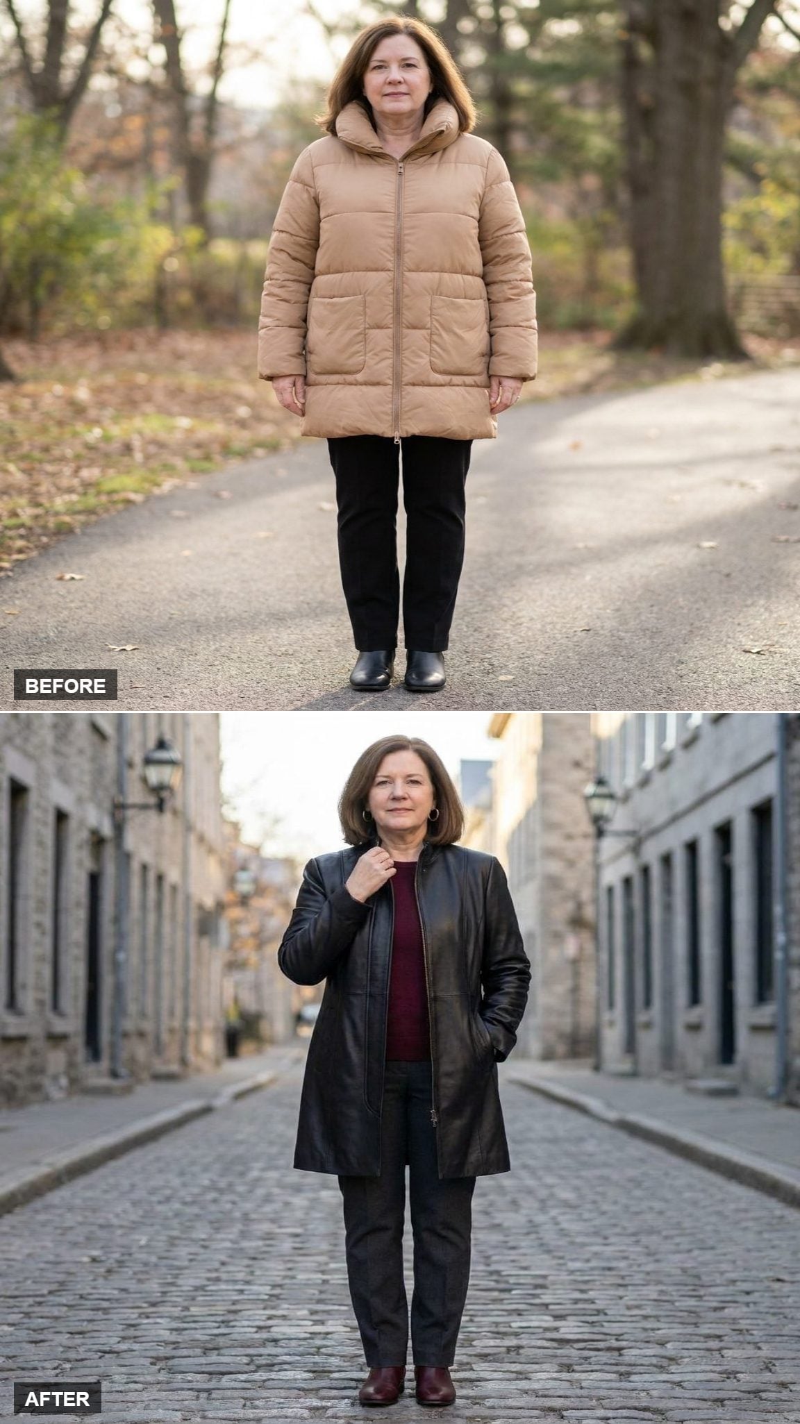 Soft Matte Black Leather Coat, Burgundy Knit, and Burgundy Ankle Boots on a Cobblestone Heritage Street