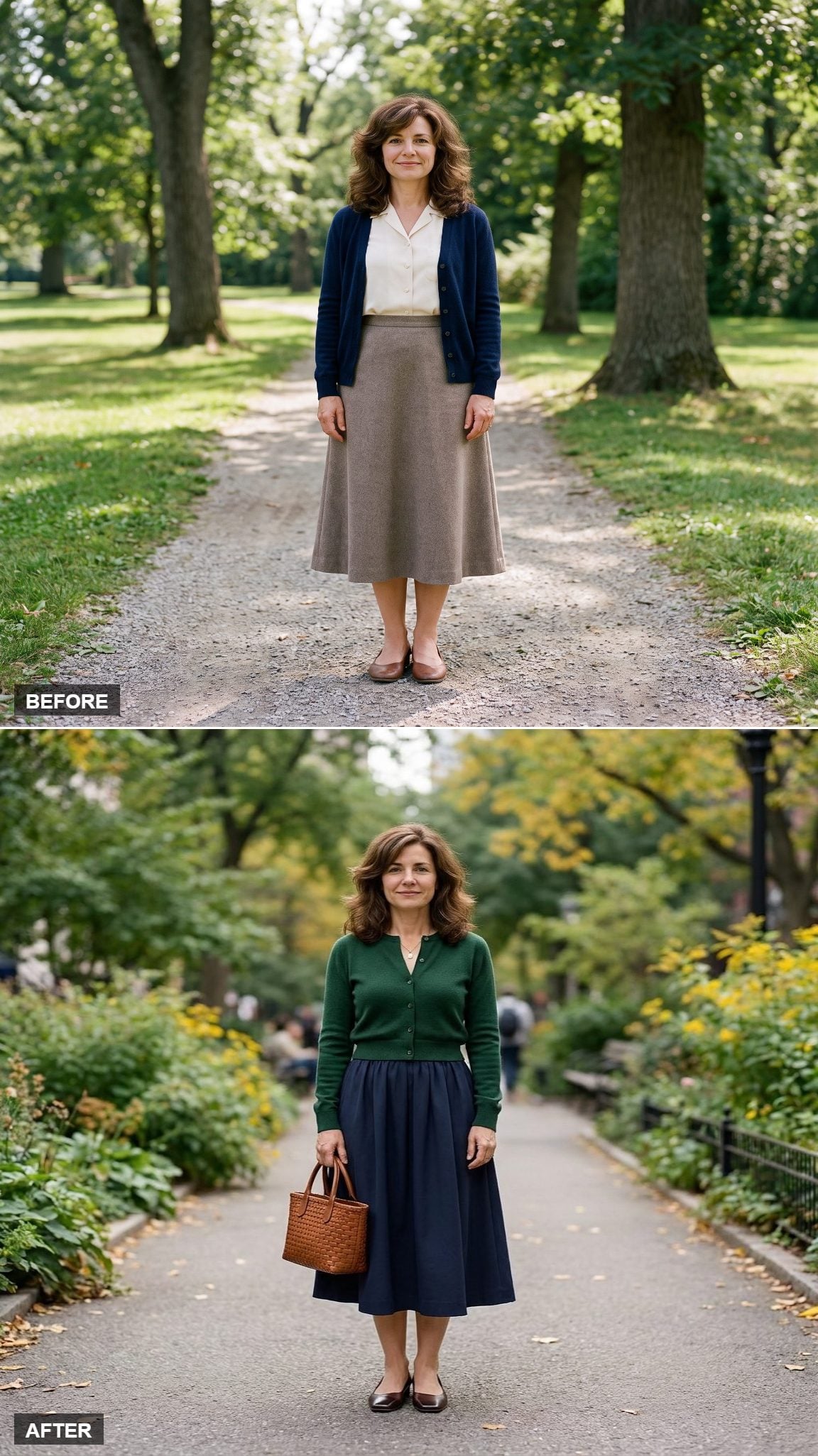 Softly Gathered Navy Midi with a Forest Cardigan as the Top and Cap-Toe Ballet Flats