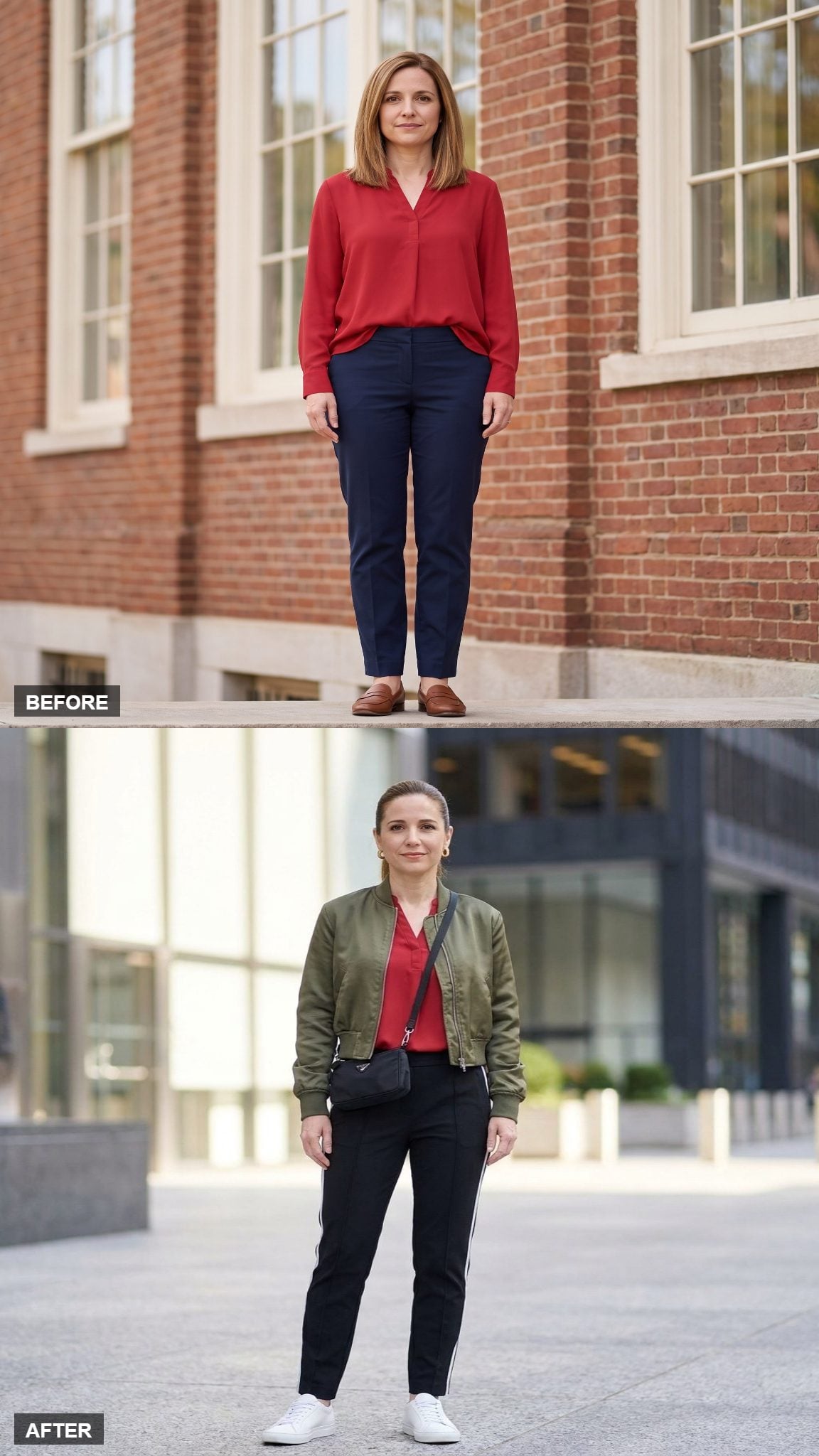 Sporty Luxe in a Bomber and White Sneakers