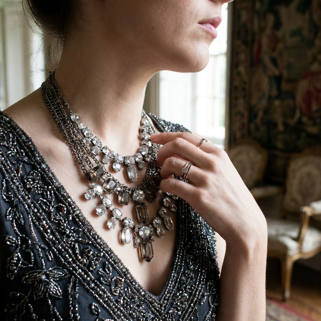 A Statement Necklace Over an Already Embellished Neckline