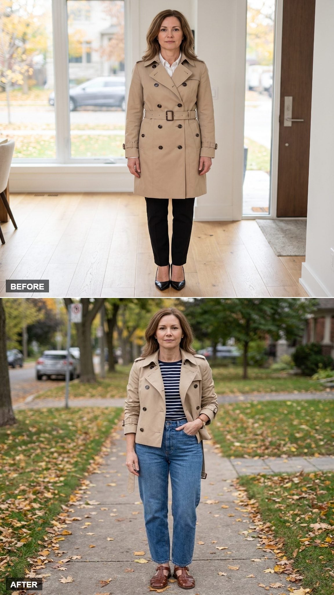 Stone-Beige Cropped Trench, Barrel Jeans, and Cognac Fisherman Sandals for Warm September Days