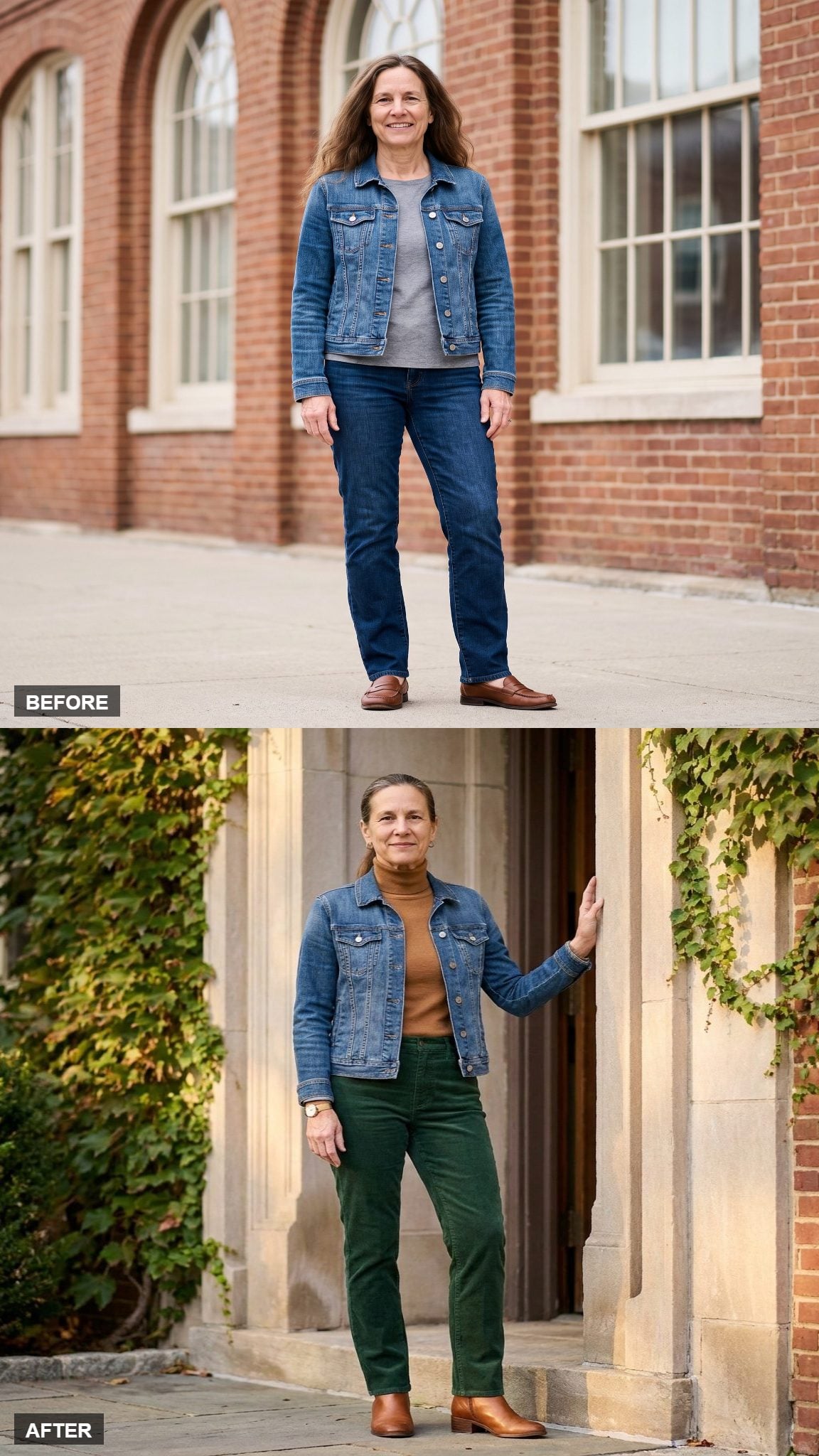 Stone Doorway Autumn in a Turtleneck, Corduroy, and Ankle Boots