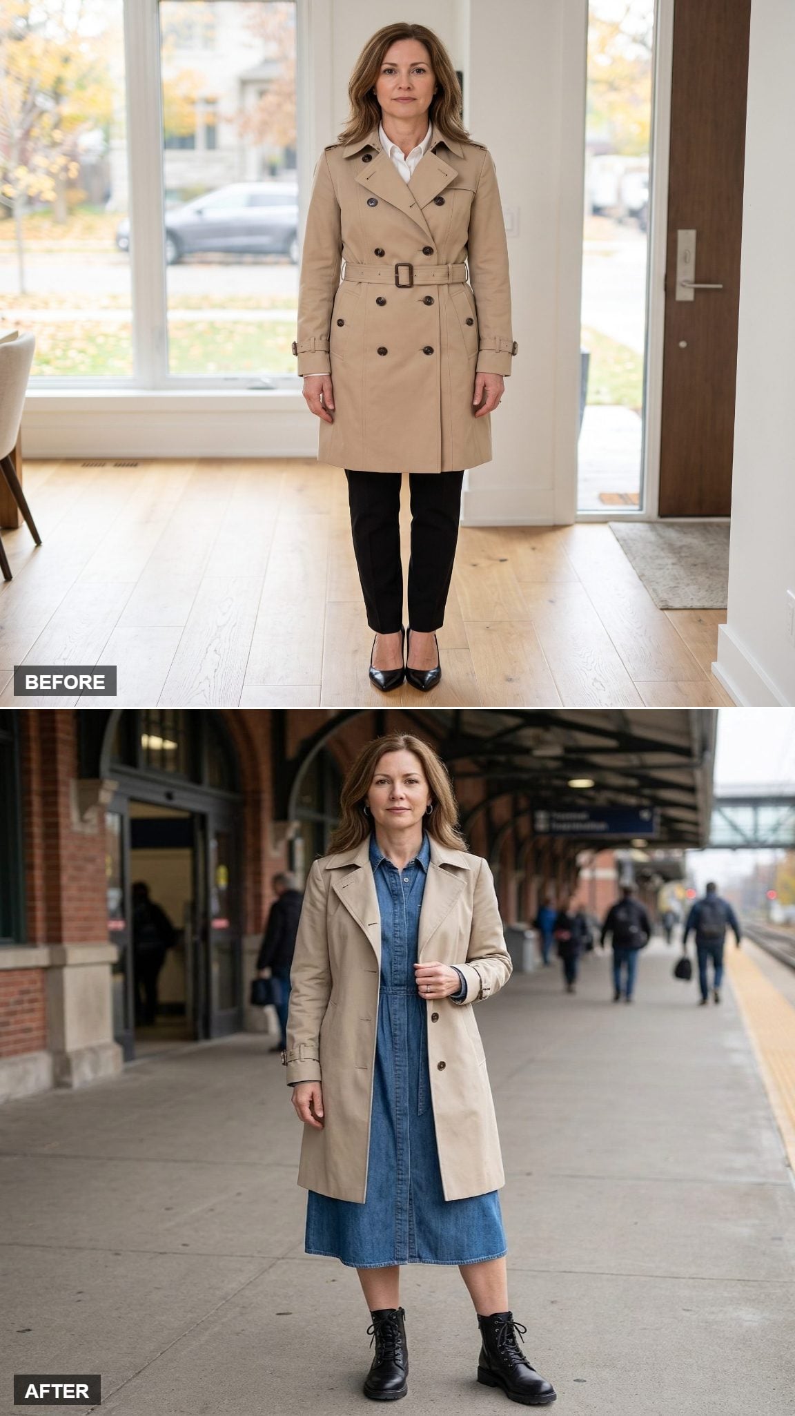 Stone Single-Breasted Trench, Denim Midi Shirt Dress, and Black Combat-Inspired Lace-Up Boots