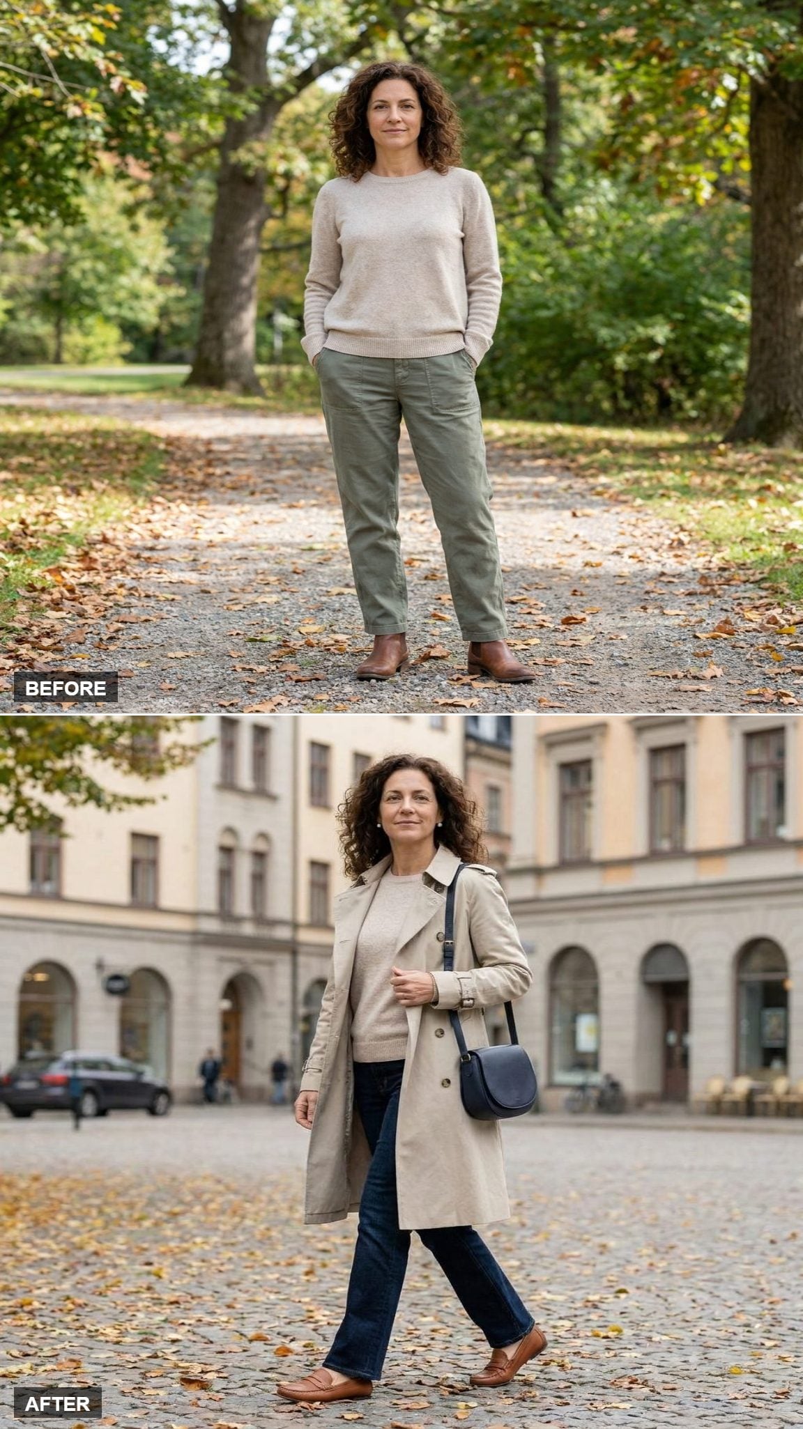 Stone Trench Coat Open Over the Crewneck + Dark Bootcut Denim: Vertical Structure Without Effort