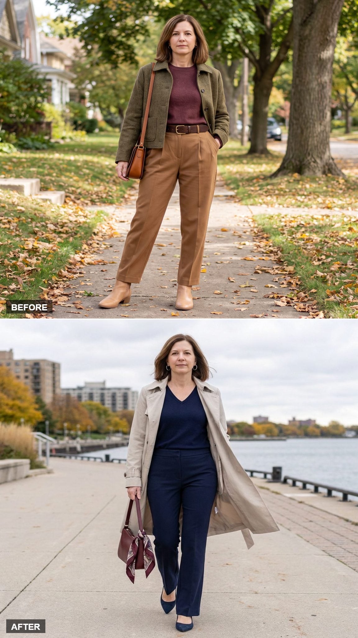 Stone Trench Worn Open Over a Navy Knit and Flared Trousers, The Outer Layer That Frames Without Interrupting