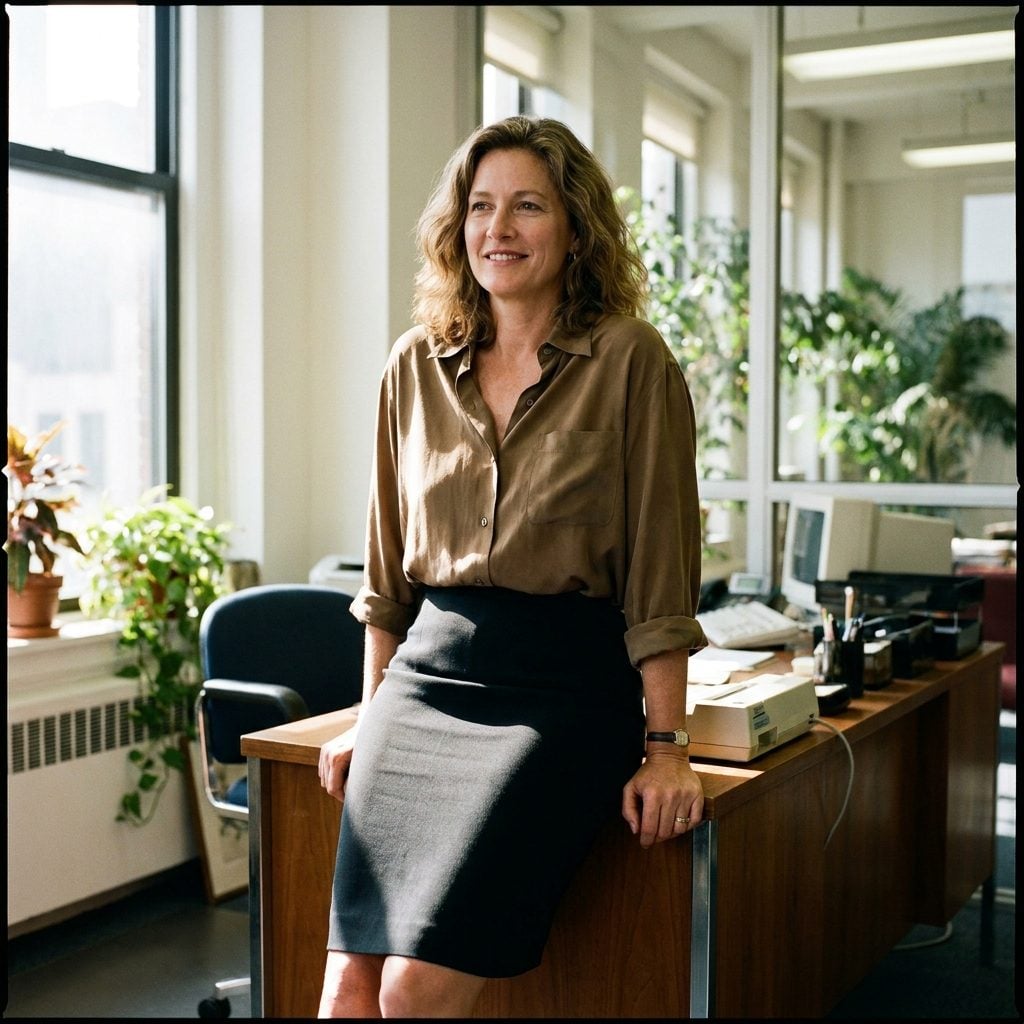 The Straight Knee-Length Skirt With a Silk Shirt