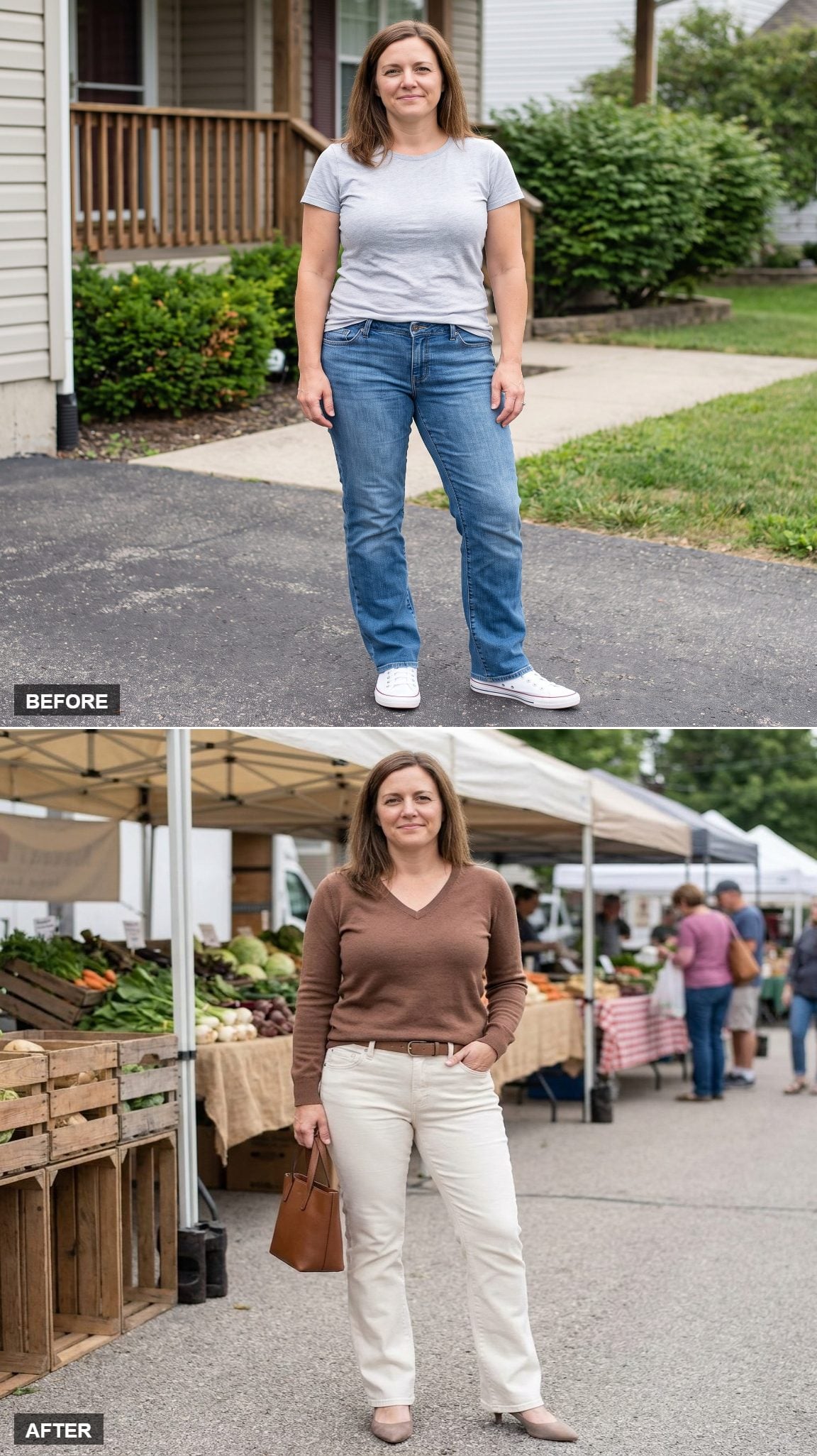 Structured Off-White Slim Bootcut Jeans, Warm Cocoa Knit, Narrow Tonal Belt, and Taupe Pointed Heels at the Farmers Market