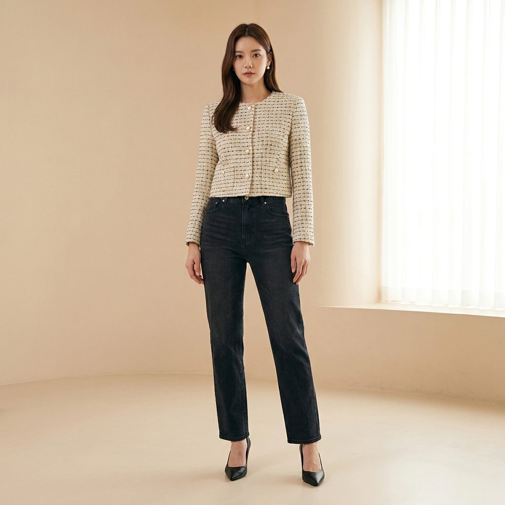 Styled With a Cropped Tweed Jacket and Classic Pumps