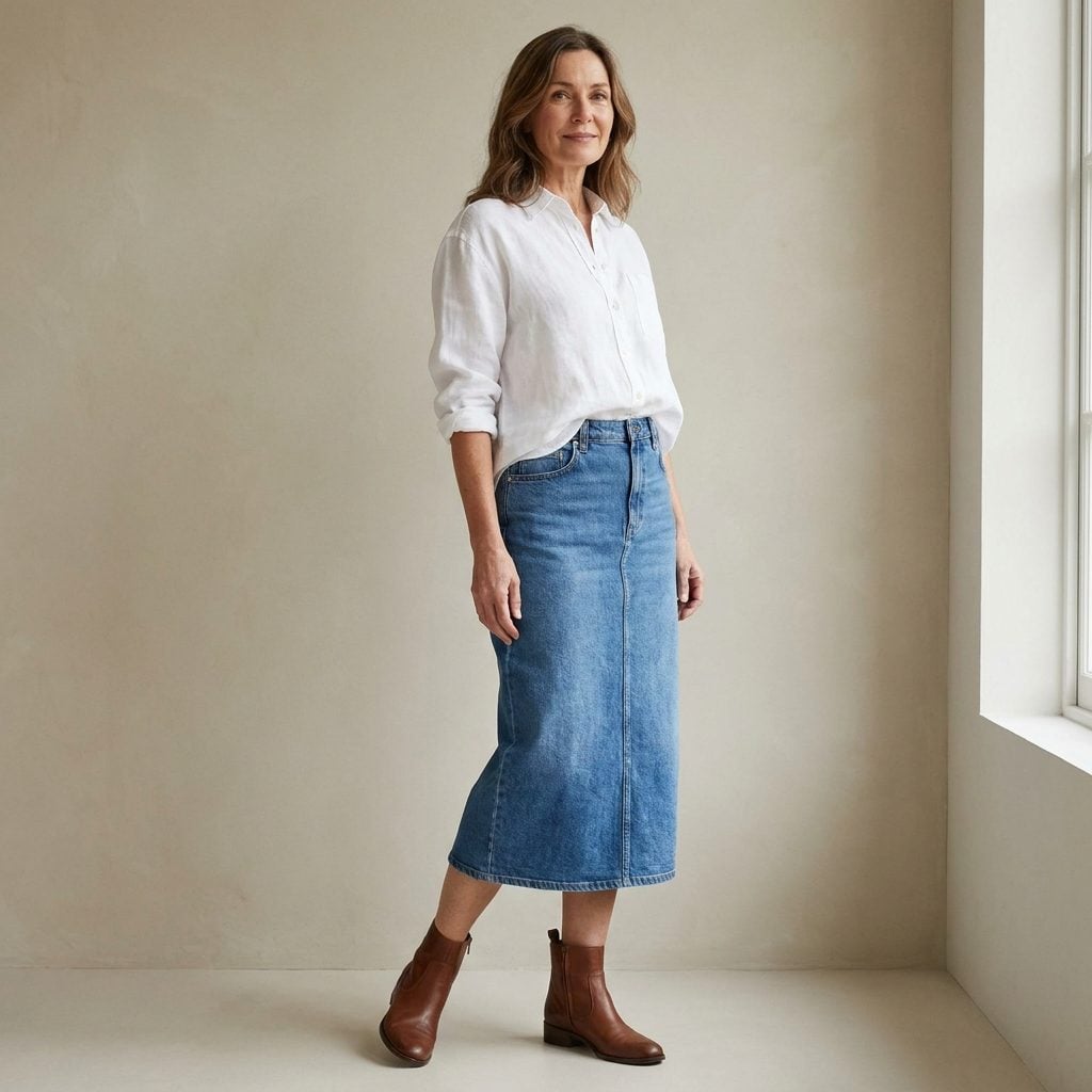 Styled With a Denim Midi Skirt and Ankle Boots