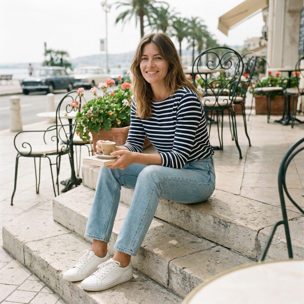 Styled With a Striped Breton Top and White Leather Sneakers
