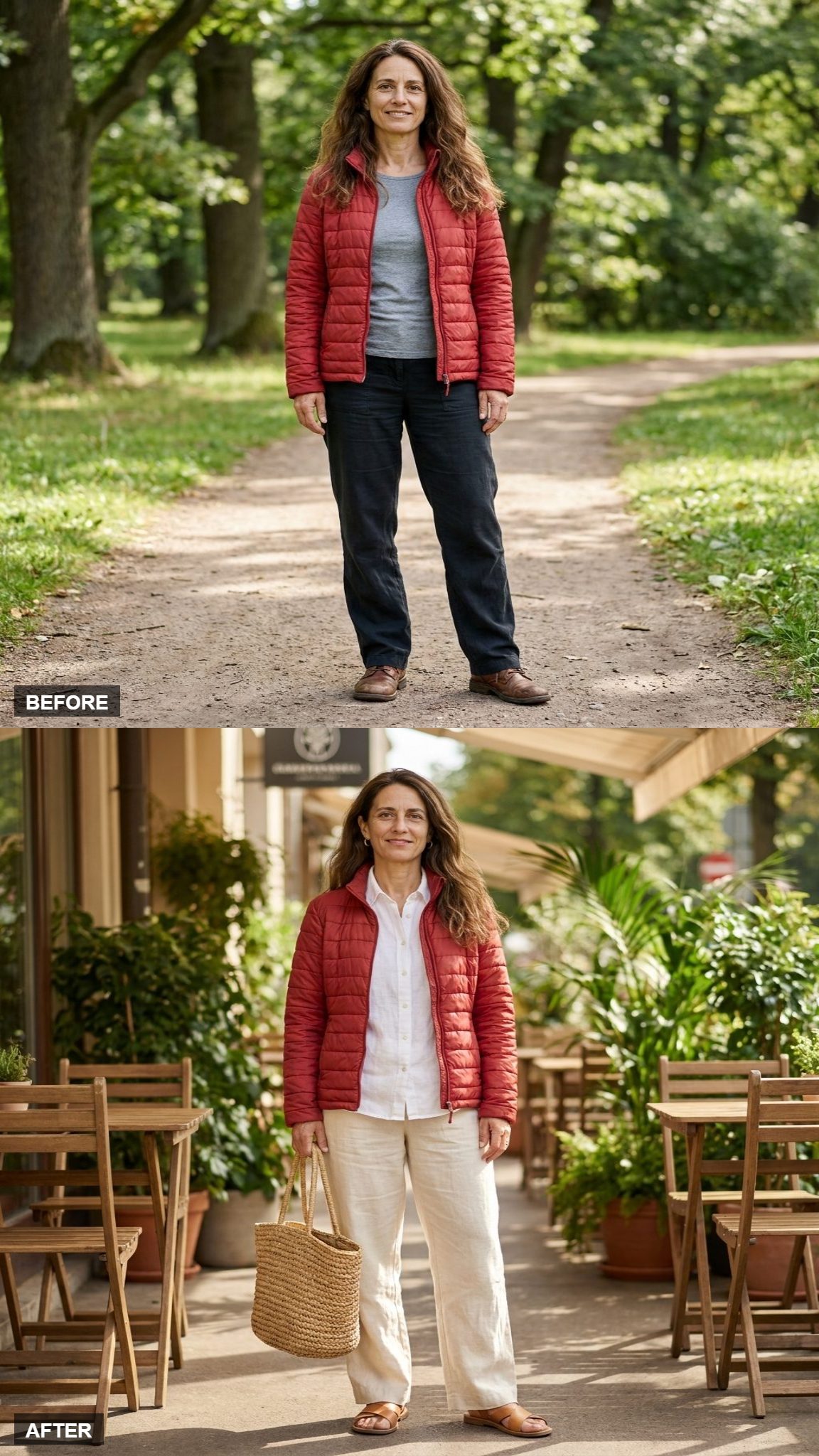 Sunday Brunch in the Red Quilted Jacket Over White Linen