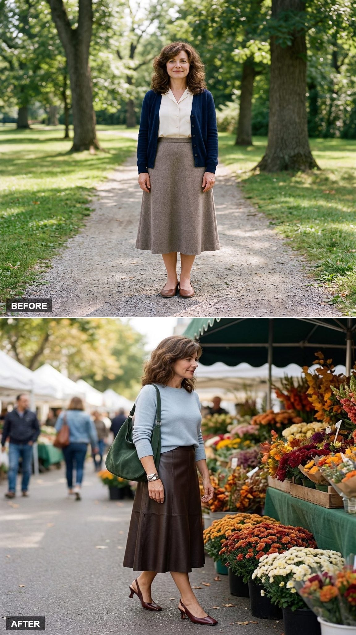 Supple Espresso Leather Midi Skirt with Pale Blue Cashmere, Burgundy Slingbacks, and a Forest Suede Hobo Bag