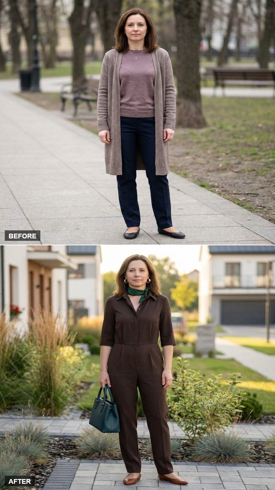 Tailored Espresso Jumpsuit with Teal Bag and Brushed-Gold Earrings on a Residential Walkway