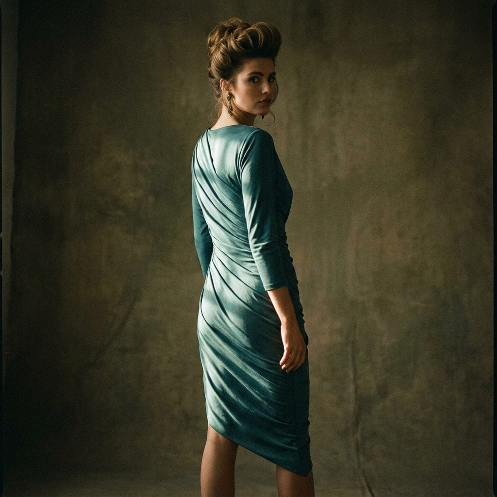 Teal asymmetrical dress with diagonal draping across the waist