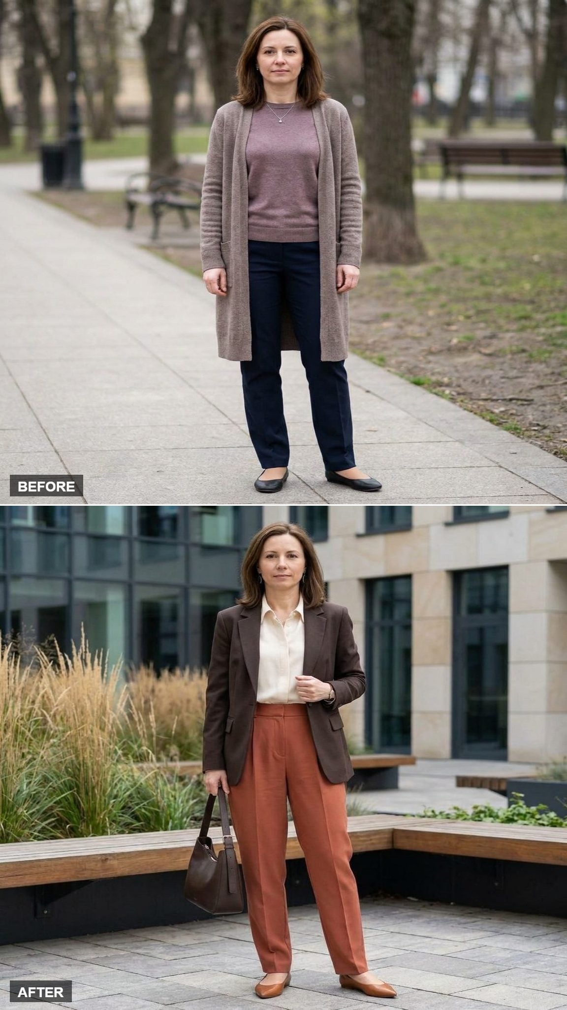 Terracotta Pleated Trousers and an Espresso Blazer in a Landscaped Office Courtyard