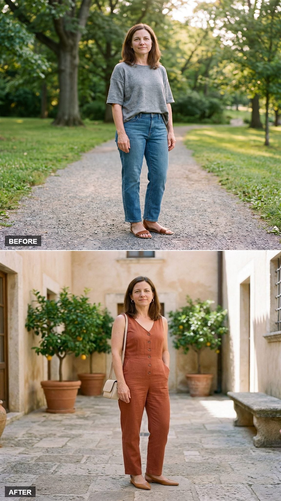 Terracotta Vertical-Button Jumpsuit With Tan Slingbacks in a Stone Courtyard