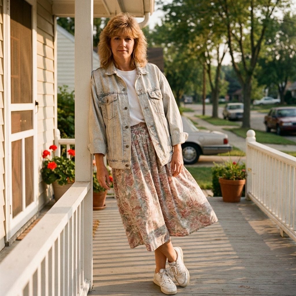 Acid-Wash Denim Jacket, Floral Midi, White Sneakers: Suburban 1980s in Three Pieces