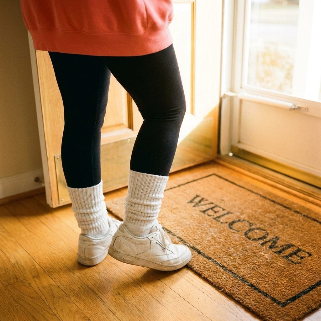 Coral Sweatshirt, Black Leggings, and White Sneakers She'd Had for Years