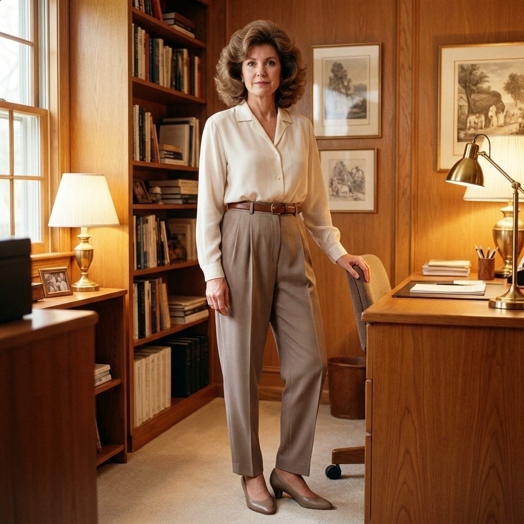 Cream Blouse, Taupe Trousers, and the Office-Adjacent Look She Wore Everywhere