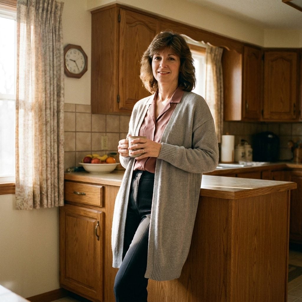 Gray Cardigan, Dusty Pink Blouse, and the Kitchen Counter She Leaned On Like a Signature
