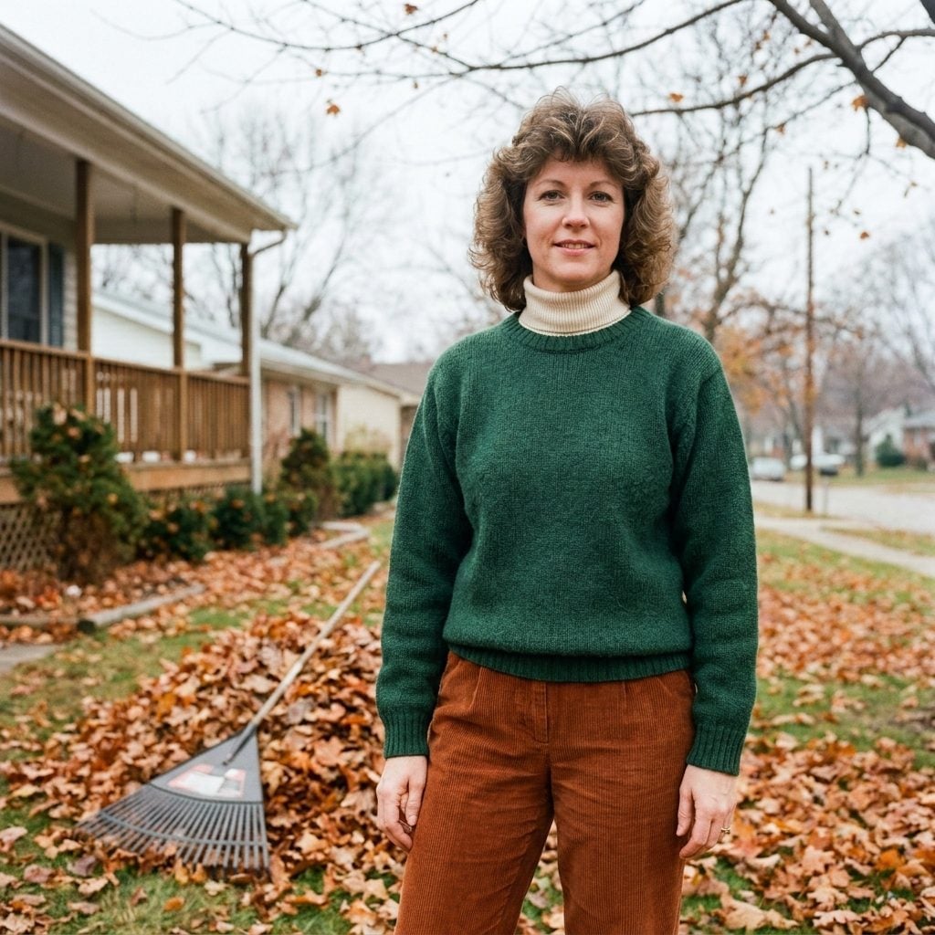 Green Pullover, Corduroy, and a Yard Full of Leaves She Was Actually Raking