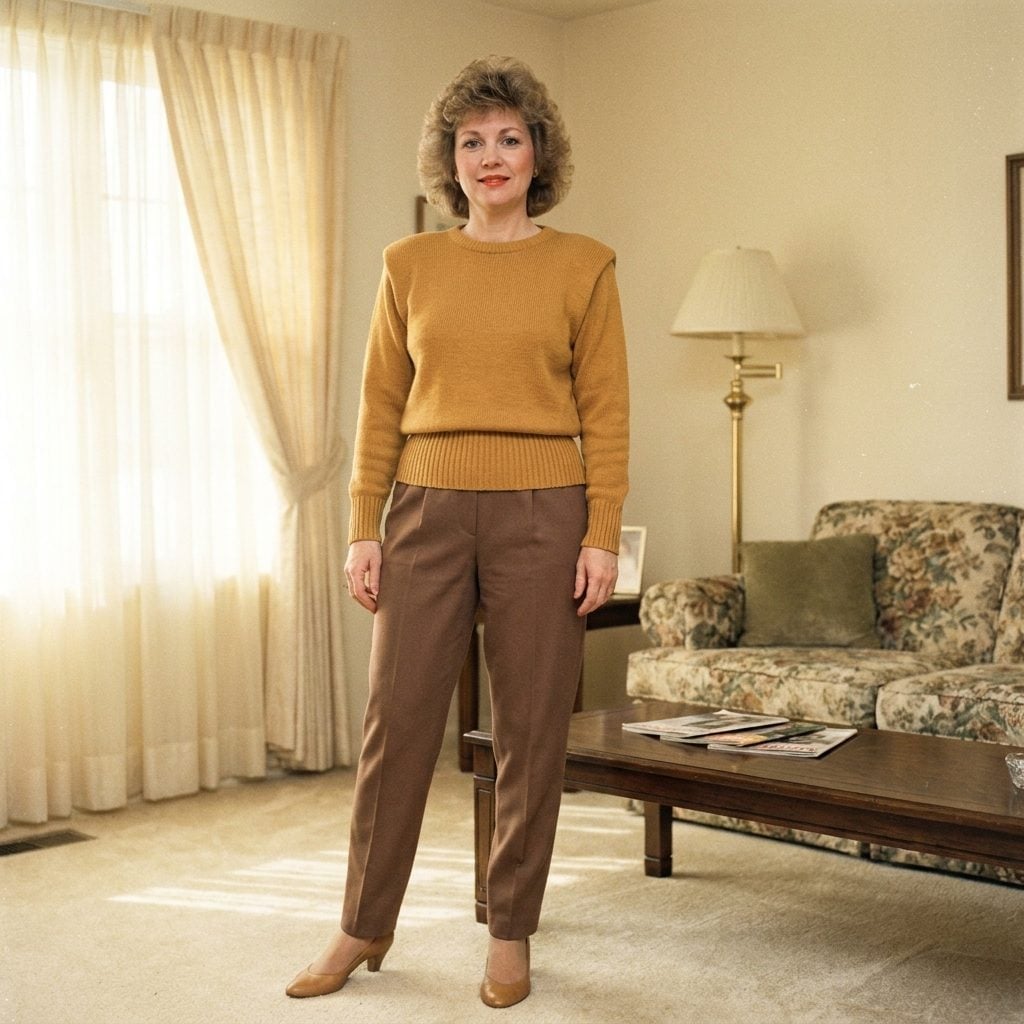 Mustard Ribbed Sweater, Tapered Trousers, and the Whole Neutral Package