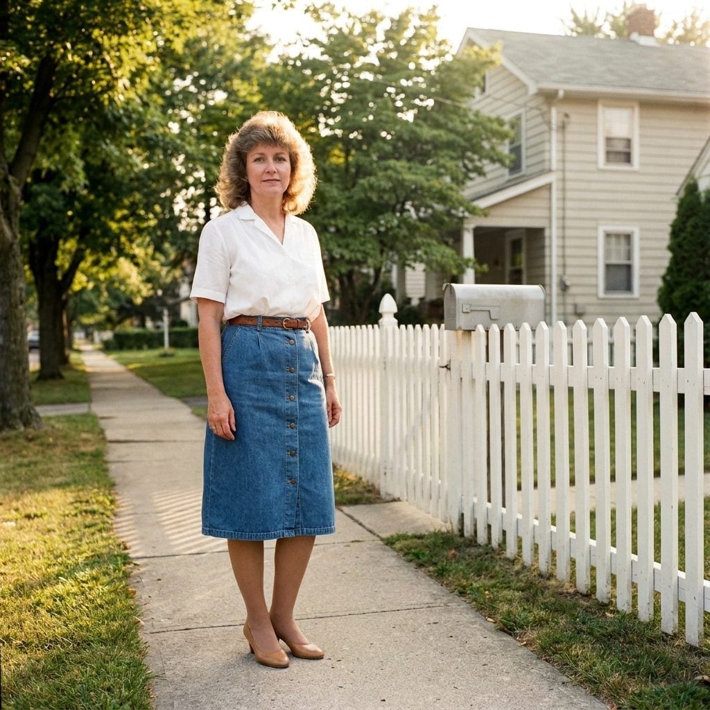 White Blouse, Denim Midi, Brown Belt: Suburban Summer in One Outfit