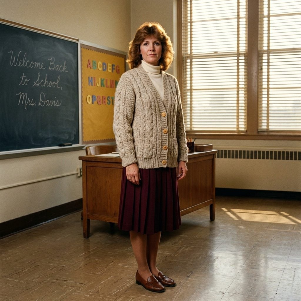 Cable-Knit Cardigans Were Practically the Unofficial Teacher Uniform of an Entire Decade