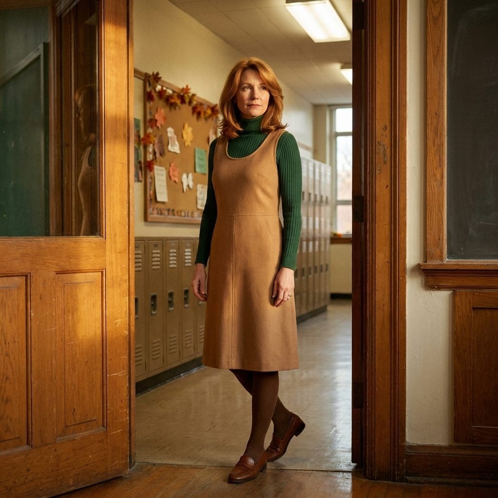 Camel Pinafore Over a Green Turtleneck Was Every English Teacher's Whole Personality