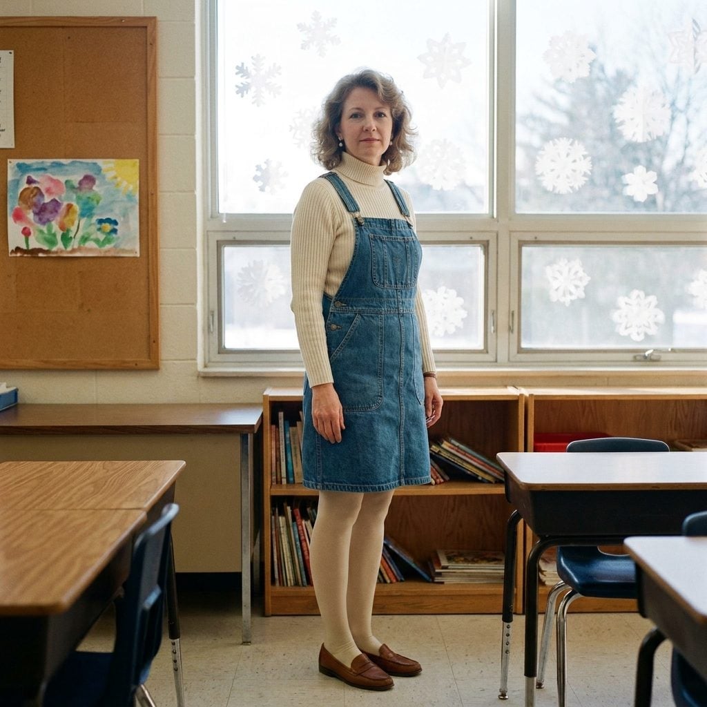 Denim Pinafore Over a Cream Turtleneck Was Doing All the Heavy Lifting