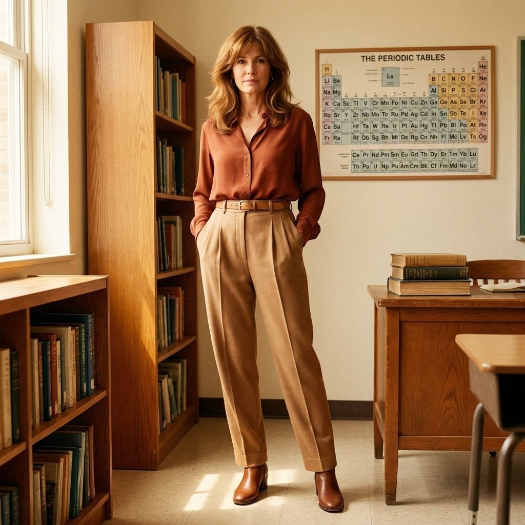 Rust Blouses Tucked Into High-Waisted Trousers Were Every Science Teacher's Power Move
