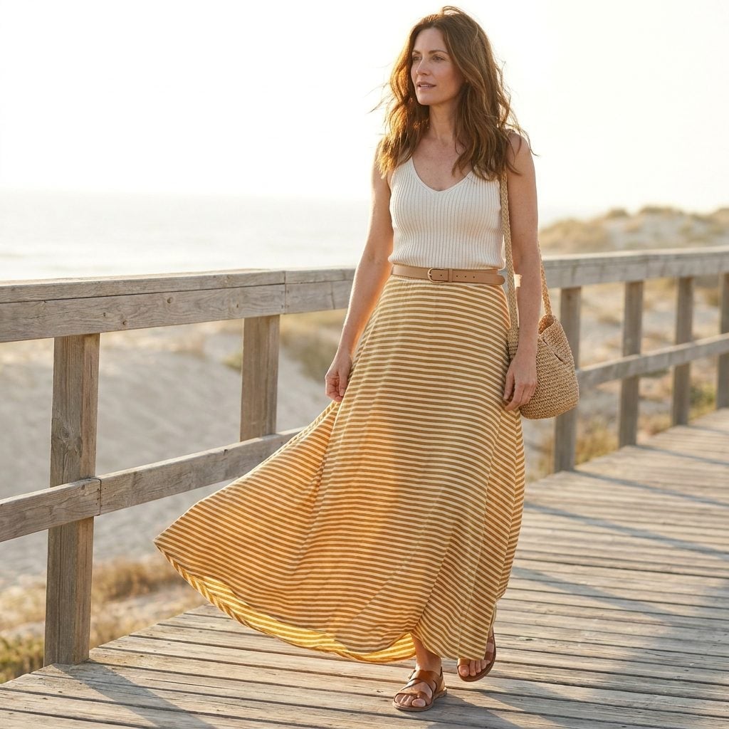 Striped Maxi Skirts and a Woven Bag Walked Right Back Into the Conversation