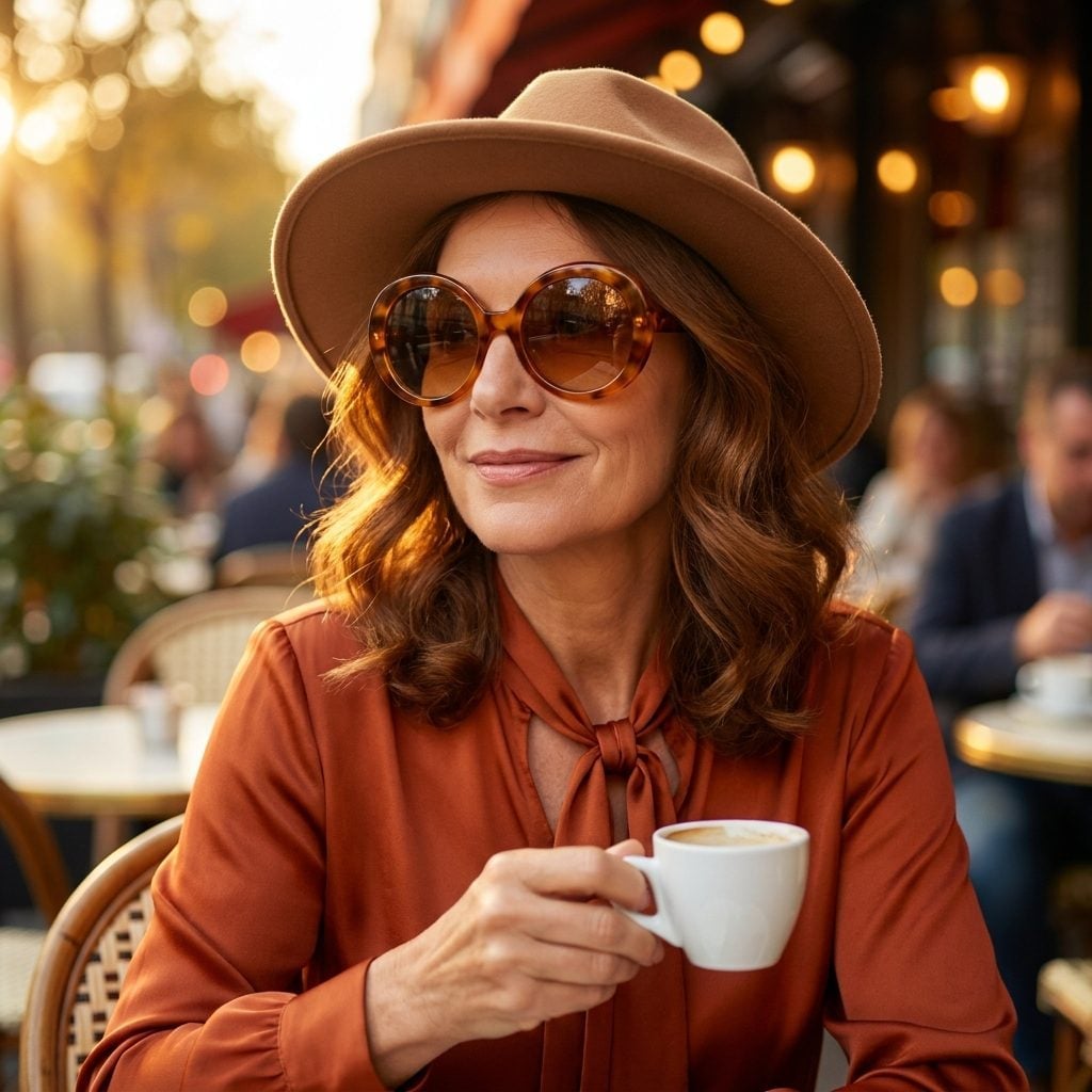 Wide-Brim Felt, Oversized Tortoiseshell, and a Terracotta Blouse Walk Into a Café
